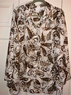 NWOT Lightweight White Button-Up Blouse with Brown Paisley Print 18w